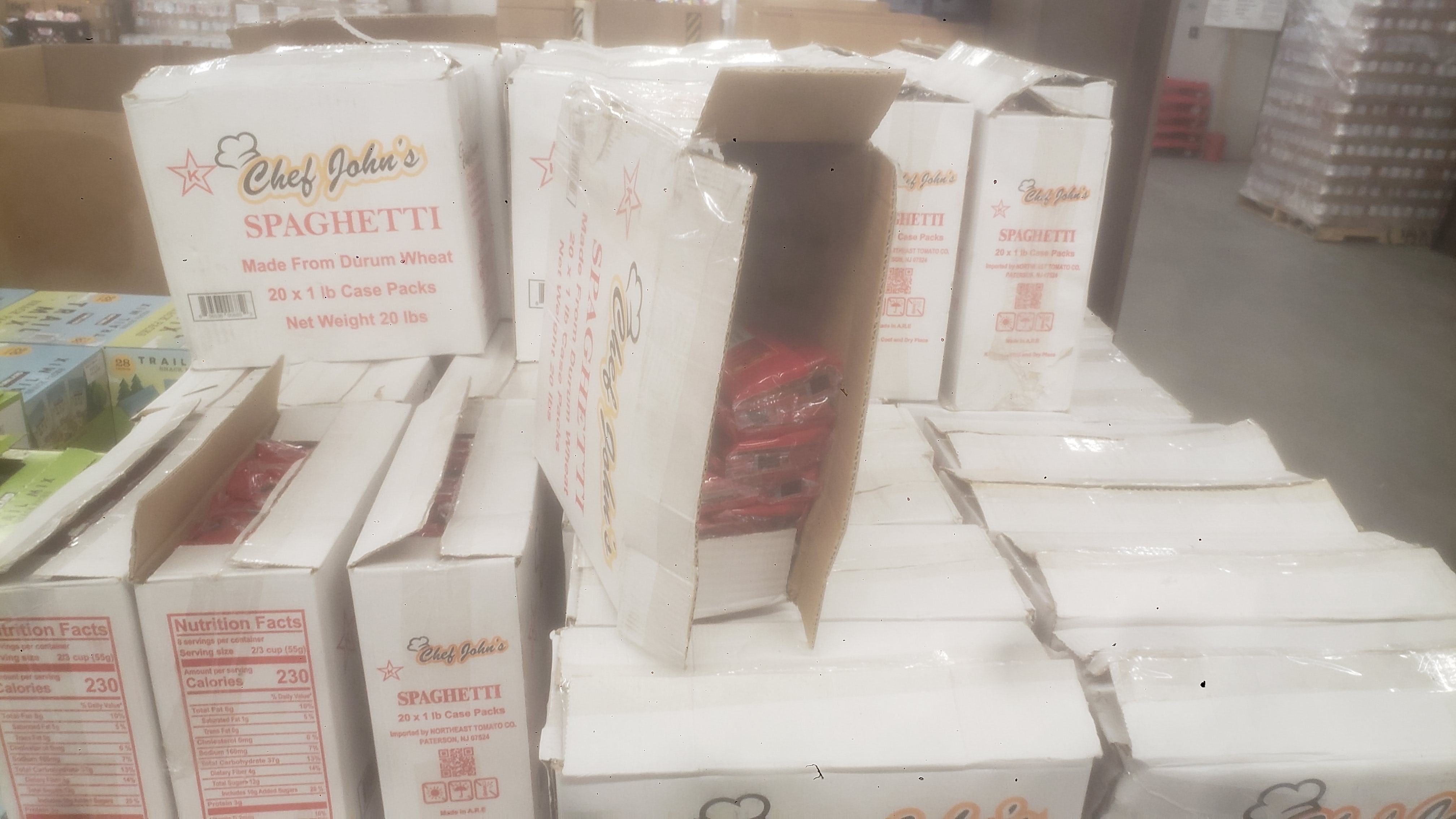 Boxes of bags of spaghetti.